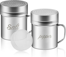 Load image into Gallery viewer, ITEM# 0120   Stainless Steel Salt and Pepper Shakers Set with Lid and Handle 127 Holes, Metal Dredge Shaker (2 Pieces)
