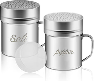 ITEM# 0120   Stainless Steel Salt and Pepper Shakers Set with Lid and Handle 127 Holes, Metal Dredge Shaker (2 Pieces)