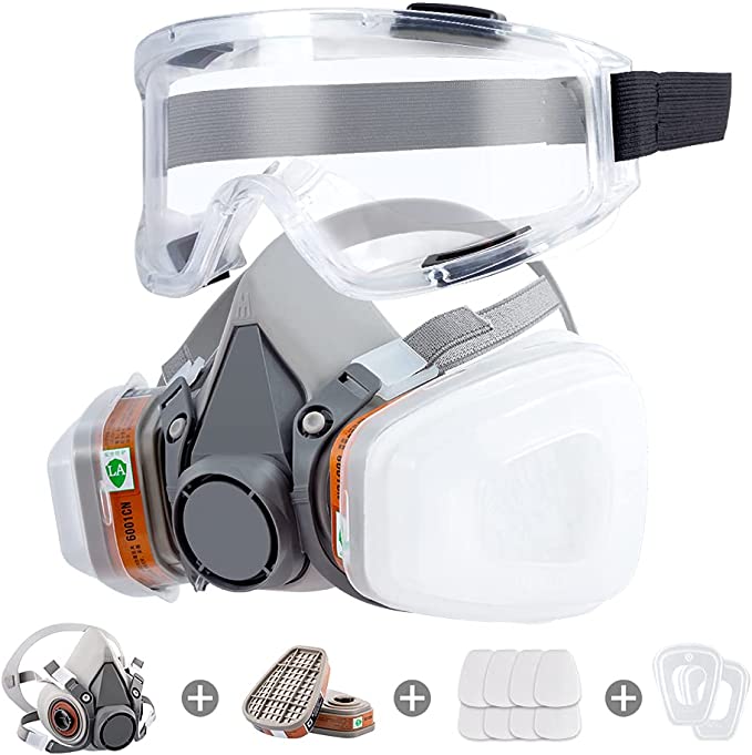 ITEM# 0152   Respirator Mask Reusable Half Face Cover Gas Mask with Safety Glasses, Paint Face Cover Face Shield with Filters for Painting, Organic Vapor, Welding, Polishing, Woodworking and Other Work Protection (Medium) Watch Video