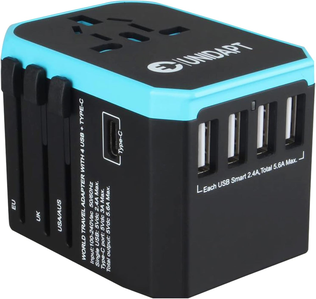 ITEM# 0193   Unidapt Universal Travel Adapter with International Plug, 5.6A Smart Power 3.0A 4 USB 1 Type C, Power Adapter Travel Charger, Outlet Converter Worldwide (Watch Video)