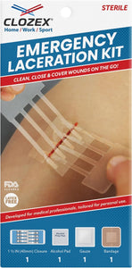 ITEM# 0210   Emergency Laceration Kit - Repair Wounds Without Stitches. FDA Cleared Skin Closure Device for a Wound Up to 1 1/2 Inches in Length. Complete Kit to Clean, Close, and Cover Wounds. (Watch Video)