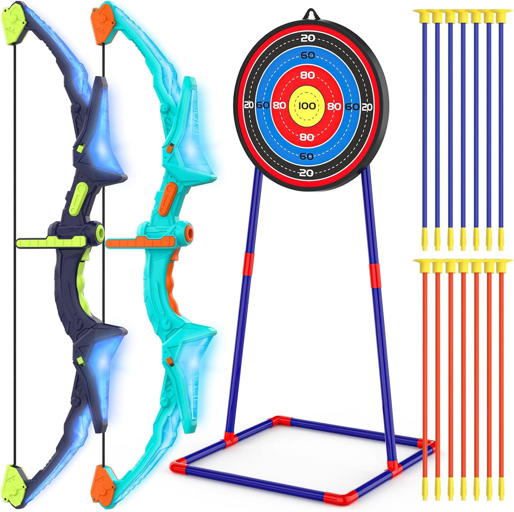 ITEM# 0200   2 Pack Bow and Arrow Set, Light Up Archery Set with 14 Suction Cup Arrows, Archery Targets Outdoor Games