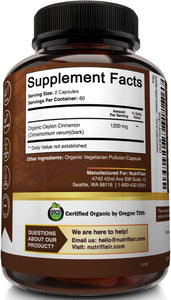 ITEM# 0144   Organic Ceylon Cinnamon Supplement 1200mg, 120 Capsules - USDA Certified Organic Cinnamon - Non-GMO, Gluten Free Cinnamon Powder, Antioxidant Cinnamon Pills - Supports Glucose Metabolism (Watch Video)