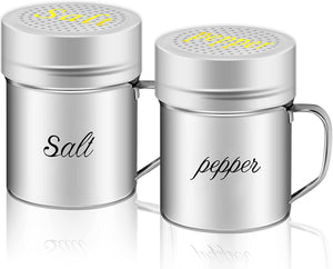 ITEM# 0120   Stainless Steel Salt and Pepper Shakers Set, 14 OZ Seasoning Spice Shaker with Lid and Handle 127 Holes, Metal Dredge Shaker for Powder Sugar Cooking Kitchen Baking (2 Pieces)