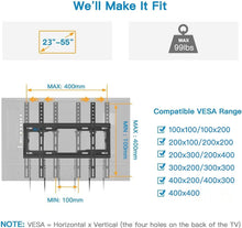 Load image into Gallery viewer, ITEM# 0124   UL Listed Tilt TV Wall Mount Bracket Low Profile for Most 23-55 Inch LED LCD OLED 4K Flat Curved TVs up to 99lbs Max VESA 400x400mm, 8° Tilting for Anti-Glaring, Fits 8-16 inch Wood Stud (Watch Video)
