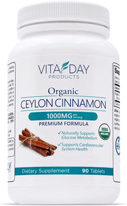 ITEM# 0146   Vita Day Products Ceylon Cinnamon Supplement - Certified Organic 1000mg - 90 Vegan Pills - Easy to Swallow Cinnamon Tablets (Watch Video)