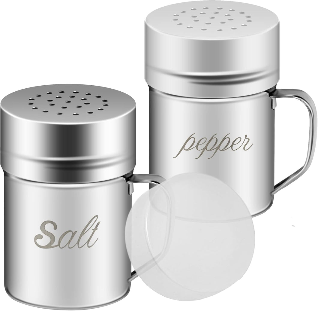 ITEM# 0120   Stainless Steel Salt and Pepper Shakers Set with Lid and Handle 127 Holes, Metal Dredge Shaker (2 Pieces)