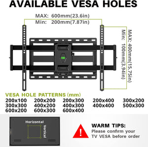 ITEM# 0126   MOUNT Full Motion TV Wall Mount for Most 47-84 inch Flat Screen/LED/4K TV, TV Mount Bracket Dual Swivel Articulating Tilt 6 Arms, Max VESA 600x400mm, Holds up to 132lbs, Fits 8” 12” 16" Wood Studs (Watch Video)