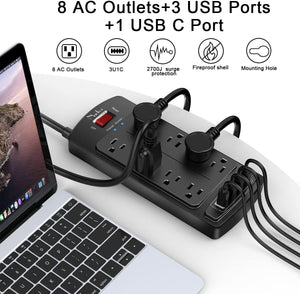ITEM# 0133   Surge Protector Power Strip - Nuetsa Flat Plug Extension Cord with 8 Outlets and 4 USB Ports, 6 Feet Power Cord (1625W/13A), 2700 Joules, ETL Listed