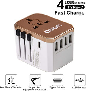 ITEM# 0193   Unidapt Universal Travel Adapter with International Plug, 5.6A Smart Power 3.0A 4 USB 1 Type C, Power Adapter Travel Charger, Outlet Converter Worldwide (Watch Video)