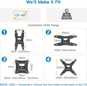 ITEM# 0125   Full Motion TV Monitor Wall Mount Bracket Articulating Arms Swivels TiltsITEM# 0125    Extension Rotation for Most 13-42 Inch LED LCD Flat Curved Screen TVs & Monitors, Max VESA 200x200mm up to 44lbs by Pipishell (Watch Video)