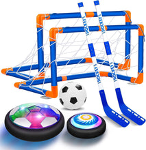 Load image into Gallery viewer, ITEM# 0202   Kids Toys Hover Hockey Soccer Ball Set with 3 Goals, Rechargeable Floating Air Soccer Ball with Led Light and Foam Bumper, Indoor Outdoor Sport Games  (Watch Video)
