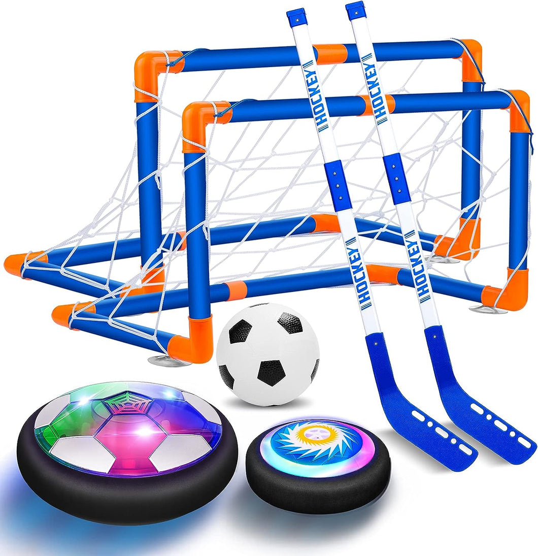 ITEM# 0202   Kids Toys Hover Hockey Soccer Ball Set with 3 Goals, Rechargeable Floating Air Soccer Ball with Led Light and Foam Bumper, Indoor Outdoor Sport Games  (Watch Video)