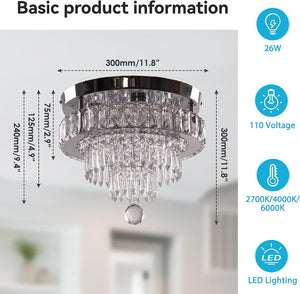 ITEM# 0180   Dimmable Crystal Chandeliers 11.8" LED Flush Mount Ceiling Chandelier Modern Crystal Ceiling Light Fixtures for Bedroom Dining Room Hallway (2700K/4000K/6500K) Watch Video