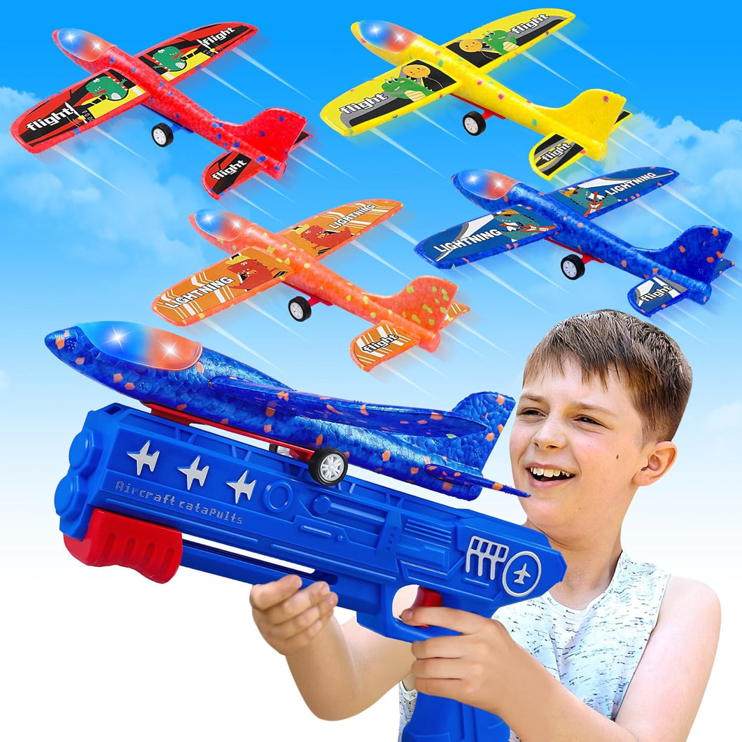 ITEM# 0201   4 Pack Airplane Launcher Toys, 2 Flight Modes LED Foam Glider Catapult Plane, Outdoor Flying Toy (Watch Video)