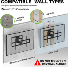 Load image into Gallery viewer, ITEM# 0126   MOUNT Full Motion TV Wall Mount for Most 47-84 inch Flat Screen/LED/4K TV, TV Mount Bracket Dual Swivel Articulating Tilt 6 Arms, Max VESA 600x400mm, Holds up to 132lbs, Fits 8” 12” 16&quot; Wood Studs (Watch Video)
