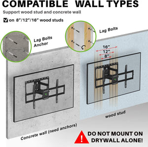 ITEM# 0126   MOUNT Full Motion TV Wall Mount for Most 47-84 inch Flat Screen/LED/4K TV, TV Mount Bracket Dual Swivel Articulating Tilt 6 Arms, Max VESA 600x400mm, Holds up to 132lbs, Fits 8” 12” 16" Wood Studs (Watch Video)