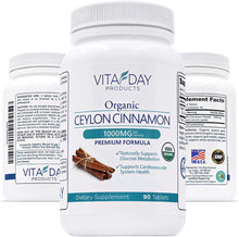 Load image into Gallery viewer, ITEM# 0146   Vita Day Products Ceylon Cinnamon Supplement - Certified Organic 1000mg - 90 Vegan Pills - Easy to Swallow Cinnamon Tablets (Watch Video)
