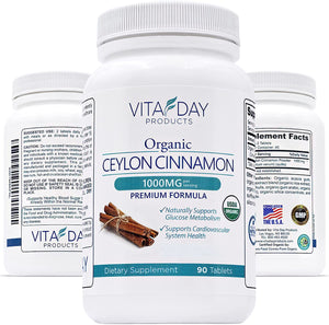 ITEM# 0146   Vita Day Products Ceylon Cinnamon Supplement - Certified Organic 1000mg - 90 Vegan Pills - Easy to Swallow Cinnamon Tablets (Watch Video)