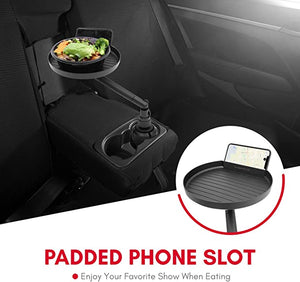 ITEM# 0052   Cup Holder Tray for Car - Adjustable Car Tray Table - Perfect Car Tray for Eating with 9" Surface, Phone Slot, and Swivel Arm - Car Food Table for Most Cup Holders - Road Trip Car Accessory (Watch Video)