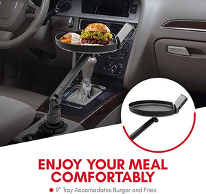 ITEM# 0052   Cup Holder Tray for Car - Adjustable Car Tray Table - Perfect Car Tray for Eating with 9" Surface, Phone Slot, and Swivel Arm - Car Food Table for Most Cup Holders - Road Trip Car Accessory (Watch Video)