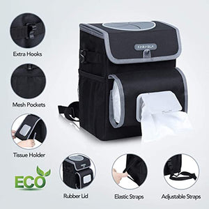 ITEM# 0054   All-in-One Cute Car Trash Can with 2 Removable Leakproof Interior Liners, Adjustable Tissue Holder & Straps