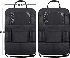 ITEM# 0051   Car Backseat Organizer with 10" Table Holder, 9 Storage Pockets Seat Back Protectors Kick Mats for Kids Toddlers, Travel Accessories, 2 Pack (Watch Video)