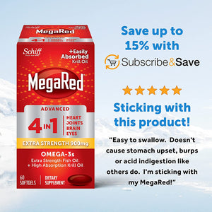 ITEM# 0088   MegaRed Fish Oil + Krill Oil 900mg Omega 3 Supplement with EPA & DHA, Supports Heart, Brain, Joint and Eye Health, No Fishy Aftertaste (Watch Video)