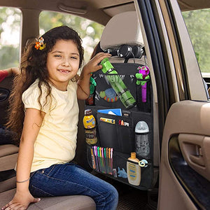 ITEM# 0051   Car Backseat Organizer with 10" Table Holder, 9 Storage Pockets Seat Back Protectors Kick Mats for Kids Toddlers, Travel Accessories, 2 Pack (Watch Video)