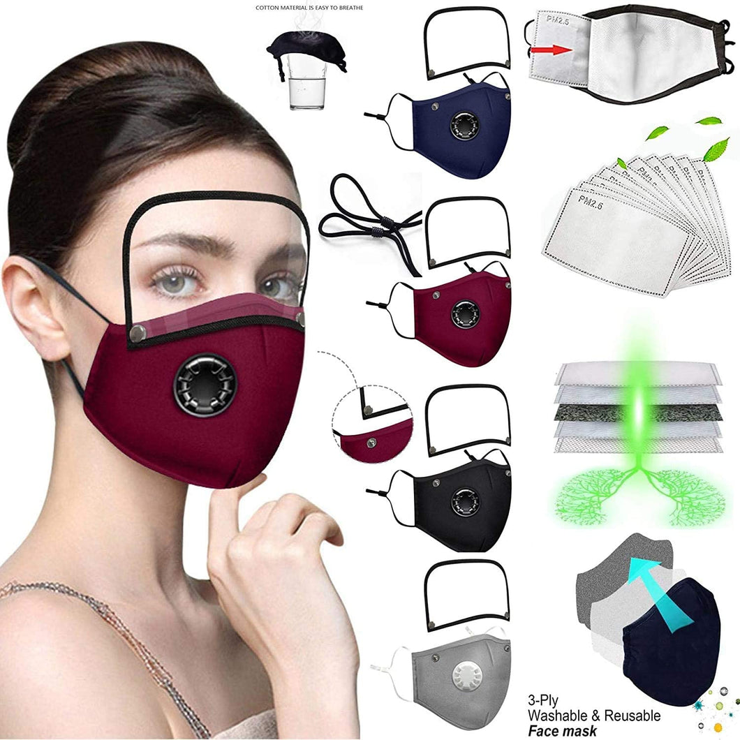 ITEM# 0018   4 Pack Reusable Face Mask with Eyes Shield, Adjustable Facemasks with Breathing Valve, Washable Face Masks with 8 Filters, Breathable Cotton Facemask for Adults, Outdoor Indoor Sports Party