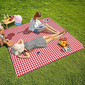 ITEM# 0027   Machine Washable Extra Large Picnic & Beach Blanket Handy Mat Plus Thick Dual Layers Sandproof Waterproof Padding Portable for the Family, Friends, Kids, 79"x79" (Red and white) Watch Video