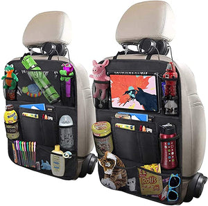 ITEM# 0051   Car Backseat Organizer with 10" Table Holder, 9 Storage Pockets Seat Back Protectors Kick Mats for Kids Toddlers, Travel Accessories, 2 Pack (Watch Video)